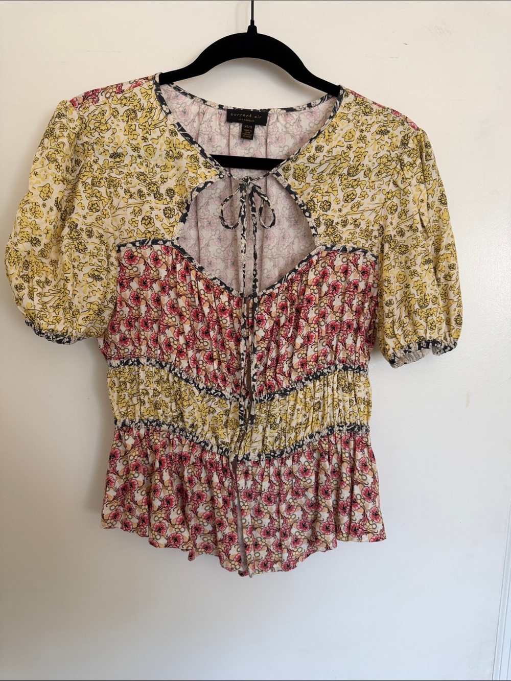 Current Air Yellow & Pink Floral Smocked Peasant Top XS/S